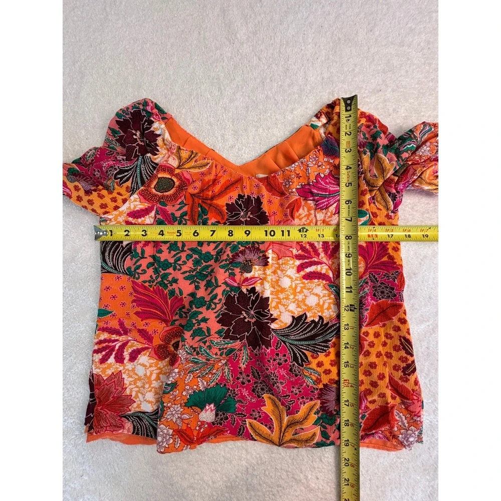 Loft Petites XXSP Floral Patchwork Puff Sleeve‎ Blouse Orange Pink Boho Top